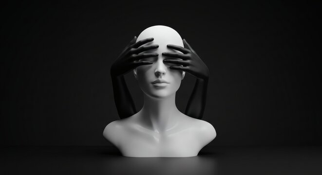 Blinded Womans Eyes Covered by Dark Hands  Mystery and Concealment. - Powered by Adobe