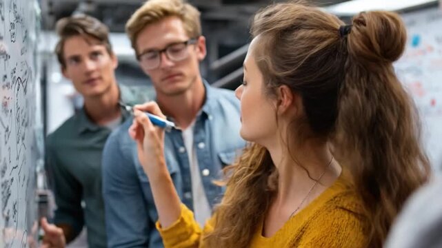 Innovative Insights Unveiled: A dynamic female leader shares an idea on a collaborative brainstorming board, complemented by two attentive colleagues, depicting the essence of innovation and teamwork.