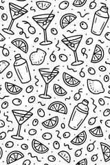 Pattern with cocktails, shakers, lemons and olives