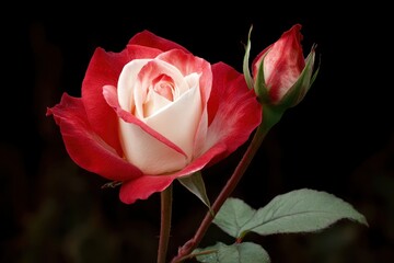 Obraz premium A red and white rose and bud are set against a black background