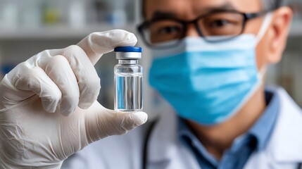 A medical professional in a protective mask holds a glass vial of vaccine in a laboratory environment, showcasing the importance of vaccination in public health and research.
