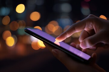 Point finger on screen phone closeup, person testing test message, touch blue screen on smartphone. Night Bokeh Light. Close-UP. Person using in hands mobile phone close up in the dark. Online wi-fi
