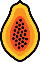 Stylized Half Papaya Fruit with Black Seeds on White Background tropical food