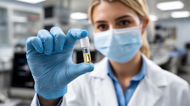 A scientist in a laboratory wears a face mask and gloves while holding a small test tube containing a yellow liquid