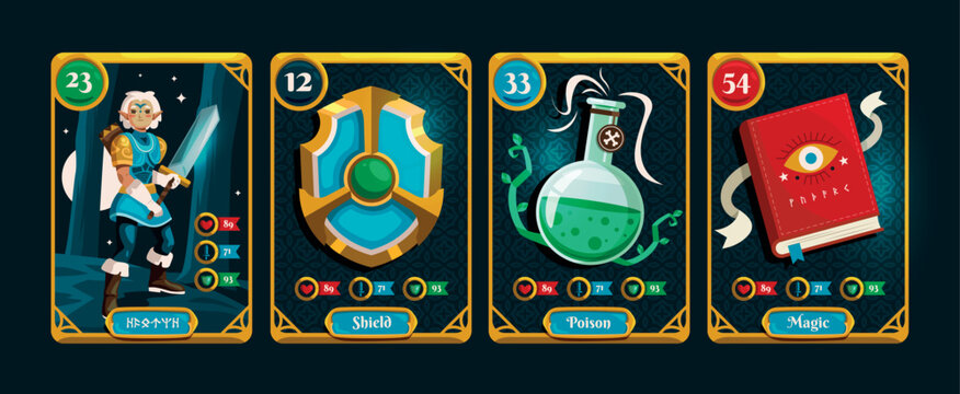 Vertical Fantasy RPG Playing Collection Cards Featuring Characters, Magic, and Weapons