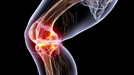 An anatomical illustration of a human knee joint highlighting the bones, cartilage, and ligaments