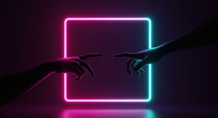 Neon Touch Hands Reach Across the Divide with Creative Connection, and Futuristic.