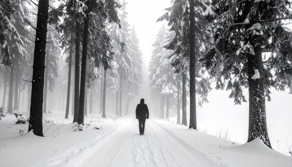 A solitary figure walks a snowy path through a dense winter forest