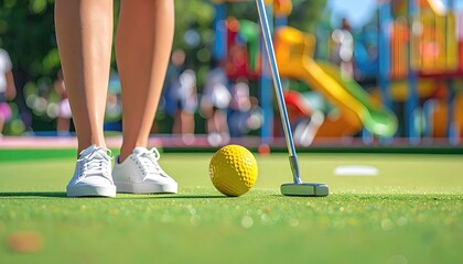 Woman's legs in white sneakers, aiming a putter at a yellow mini golf ball on a bright green course with a playground in the background