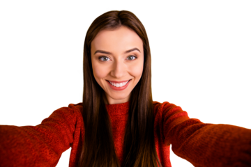 Close up photo of sweet positive cheerful girl make selfie feel content on autumn vacation wear style sweater isolated over yellow color background