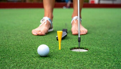Barefoot woman aiming golf putter at mini-golf hole