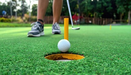 Person putting golf ball into hole on mini golf course
