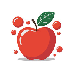 Shiny red apple illustration, fresh fruit icon, healthy snack concept, minimal modern design, juicy droplets, vector graphic