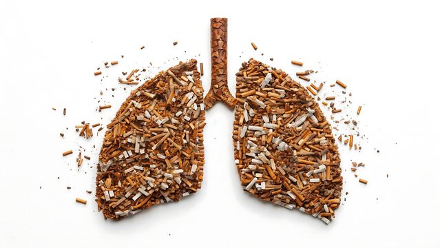Human lungs symbol made from broken cigarette tobacco stop smoking concept
