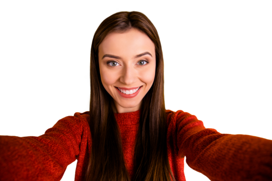 Close up photo of sweet positive cheerful girl make selfie feel content on autumn vacation wear style sweater isolated over yellow color background