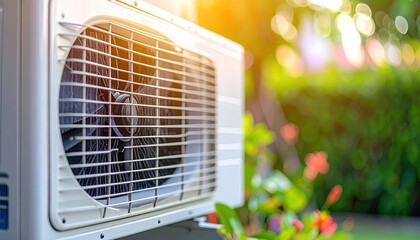 Outdoor air conditioner unit against a garden background
