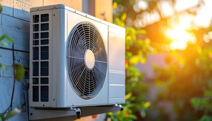 Outdoor air conditioner unit mounted on a light beige brick wall, bathed in warm sunlight