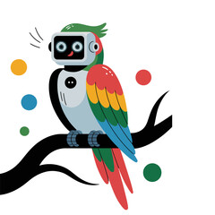 vibrant robotic parrot perched, multicolor feathers, friendly smart pet concept, modern mascot style, family oriented technology illustration © kdpprosolutions2015