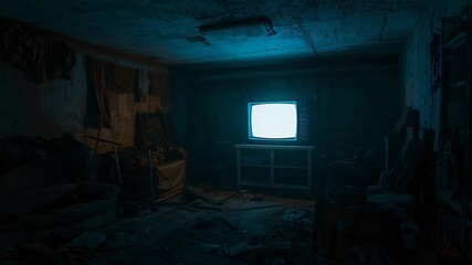 Suddenly emitting bright white light CRT television on low stand illuminating basement, with debris - Powered by Adobe