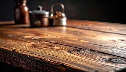 Rustic wooden table top with vintage spice jars
