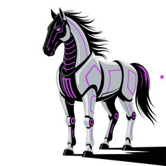 Obraz premium Futuristic robot horse, metallic armor plates, purple circuit accents, powerful mechanical stallion, sci fi creature illustration, vector