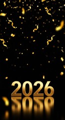 Golden numbers 2026 with confetti on black background  