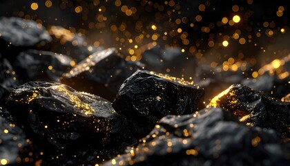 Dark rocks glimmering with golden particles