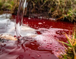 Red water puddle with flowing clear water
