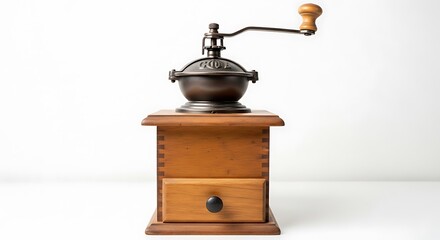 Naklejka premium Antique wooden manual coffee grinder with metal crank