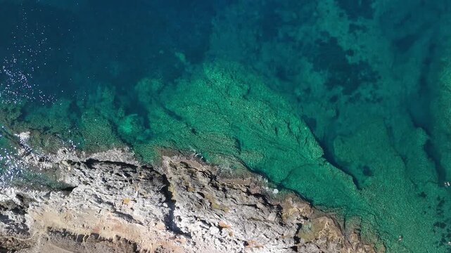 Aerial Top Down View People Swimming Azure Sea
