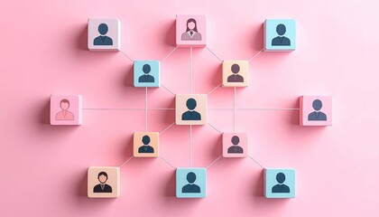 Network of interconnected pastel-colored cubes, each with a person icon, arranged on a pink background