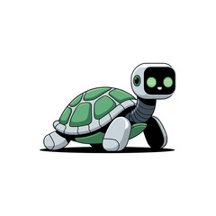 cute robot turtle walking, mechanical shell segments, green plating, friendly cyber reptile, minimal white background, vector illustration