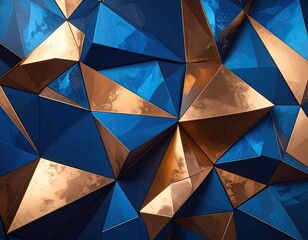 Abstract geometric pattern of interlocking blue and copper triangles