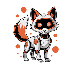 robot fox with orange spots, standing pose, glowing eyes, friendly guardian companion, futuristic pet mascot, vector artwork