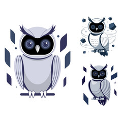 robot owl collection, big luminous eyes, perched feather panels, mechanical wings, smart technology bird bundle, vector illustration