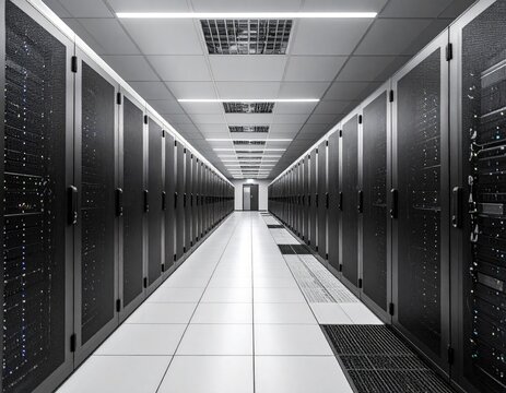Server room hallway with rows of dark gray server racks