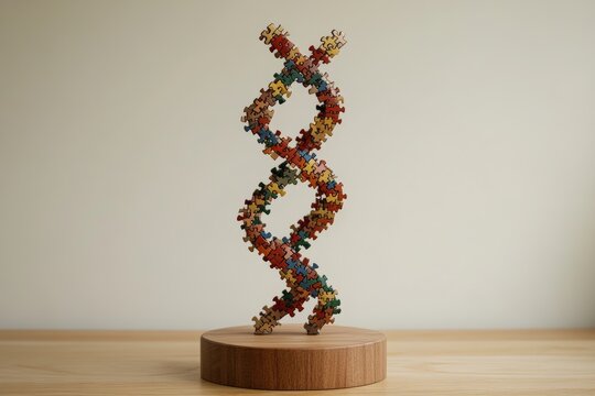 Colorful puzzle dna helix on wooden stand - Powered by Adobe