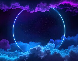 Circular neon frame in starry night clouds
