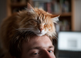 Ai cat rests comfortably on top of man's head while he is working