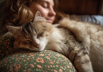 Ai cat is sleeping on a pregnant woman belly in a cozy bedroom during the afternoon