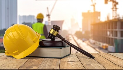 Construction law concept. A yellow hard hat and judge's gavel rest on a wooden table, with a blurred city construction background