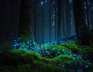 Mystical forest floor glowing with bioluminescent lights