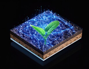Growing plant in soil with digital network overlay