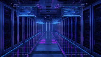 Showing central corridor holding still in futuristic data center, with pulsing server rack LEDs - Powered by Adobe