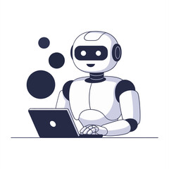 Smiling robot using laptop computer, remote work concept, digital office assistant, productivity technology, friendly coworker mascot, vector