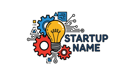 A bright idea symbolized by a glowing lightbulb surrounded by gears and circuitry, representing innovation and a startup's technological foundation.
