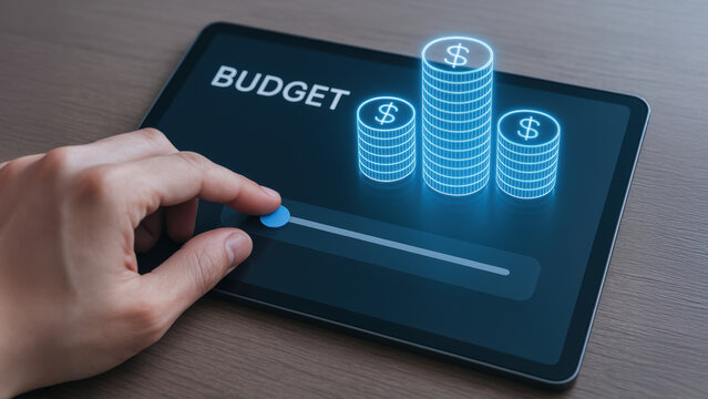 Budget planning goal 2026 financial tablet coin stack slider hand controlling money growth optimistic