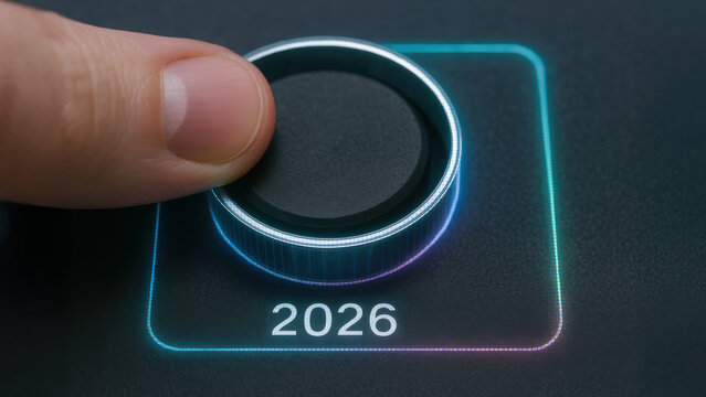 Finger adjusting futuristic control knob 2026 business goal in technology planning and strategy