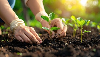 Close-up of hands planting young seedlings in soil