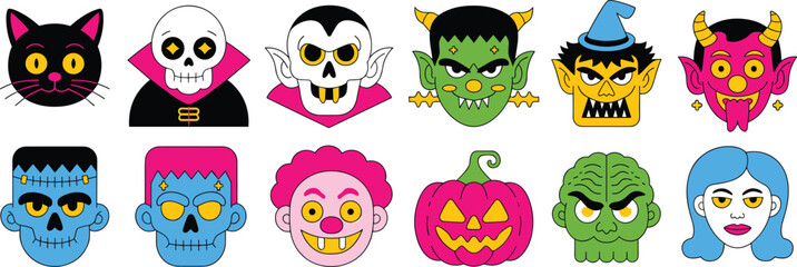 Halloween, cartoon, character, spooky, monster, vampire, zombie, pumpkin, clown, devil, skeleton, cat, costume, creepy, colorful, illustration, festive, scary, children, icon, design, celebration